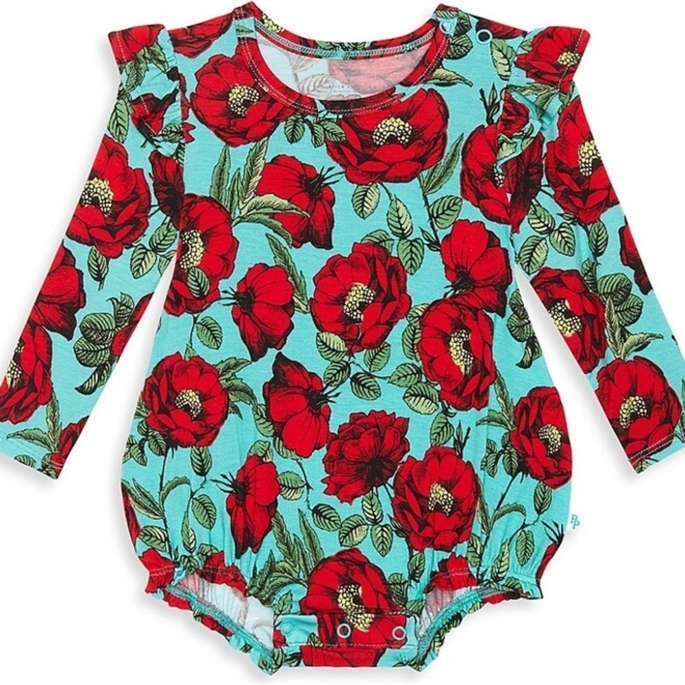 Posh Peanut x Alice & Olivia Beach Bliss Ruffled Bubble Romper bamboo baby girl